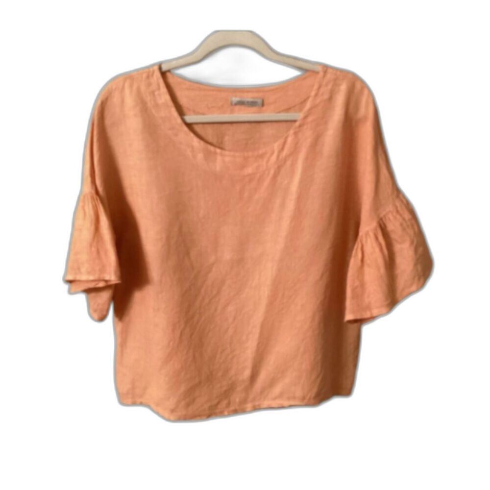 VIOLA BORGHI SIZE LARGE PEACH ORANGE RUFFLE SLEEVE LINEN PULLOVER TOP